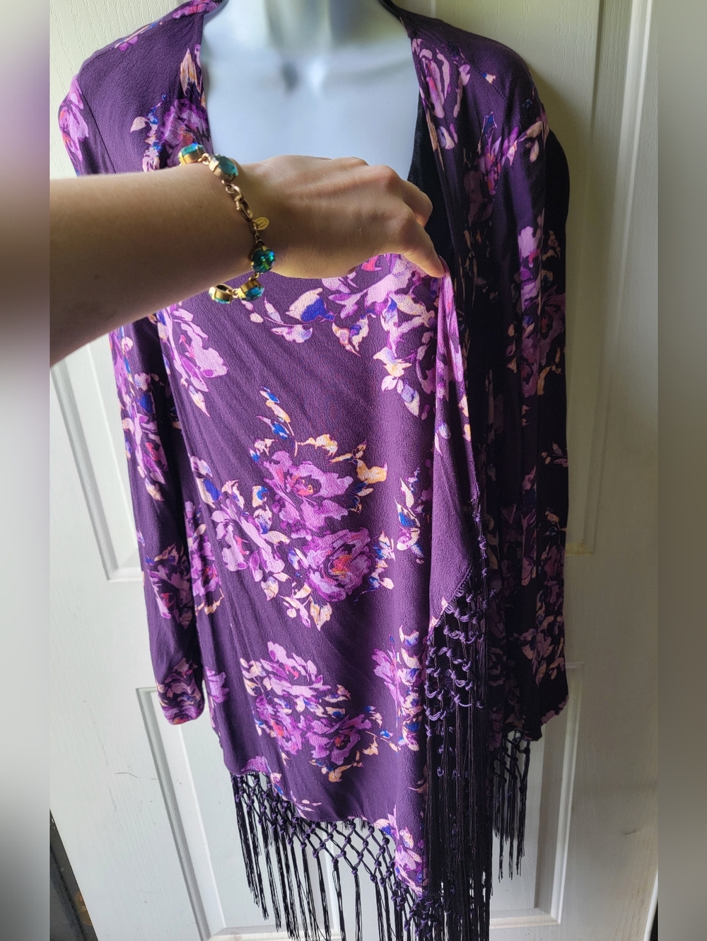 Torrid Floral Long Sleeve Kimono With Purple Tassels - Picture 3 of 5